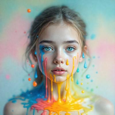 The primary subject of the image is a young girl with a colorful, dripping paint design on her face. The setting is a colorful background, which adds to the vibrant atmosphere of the scene. The visual style is a combination of photo and digital art, creating a unique and artistic representation of the girl. The colors and mood are predominantly bright and cheerful, with the dripping paint design adding a sense of playfulness and creativity to the image.